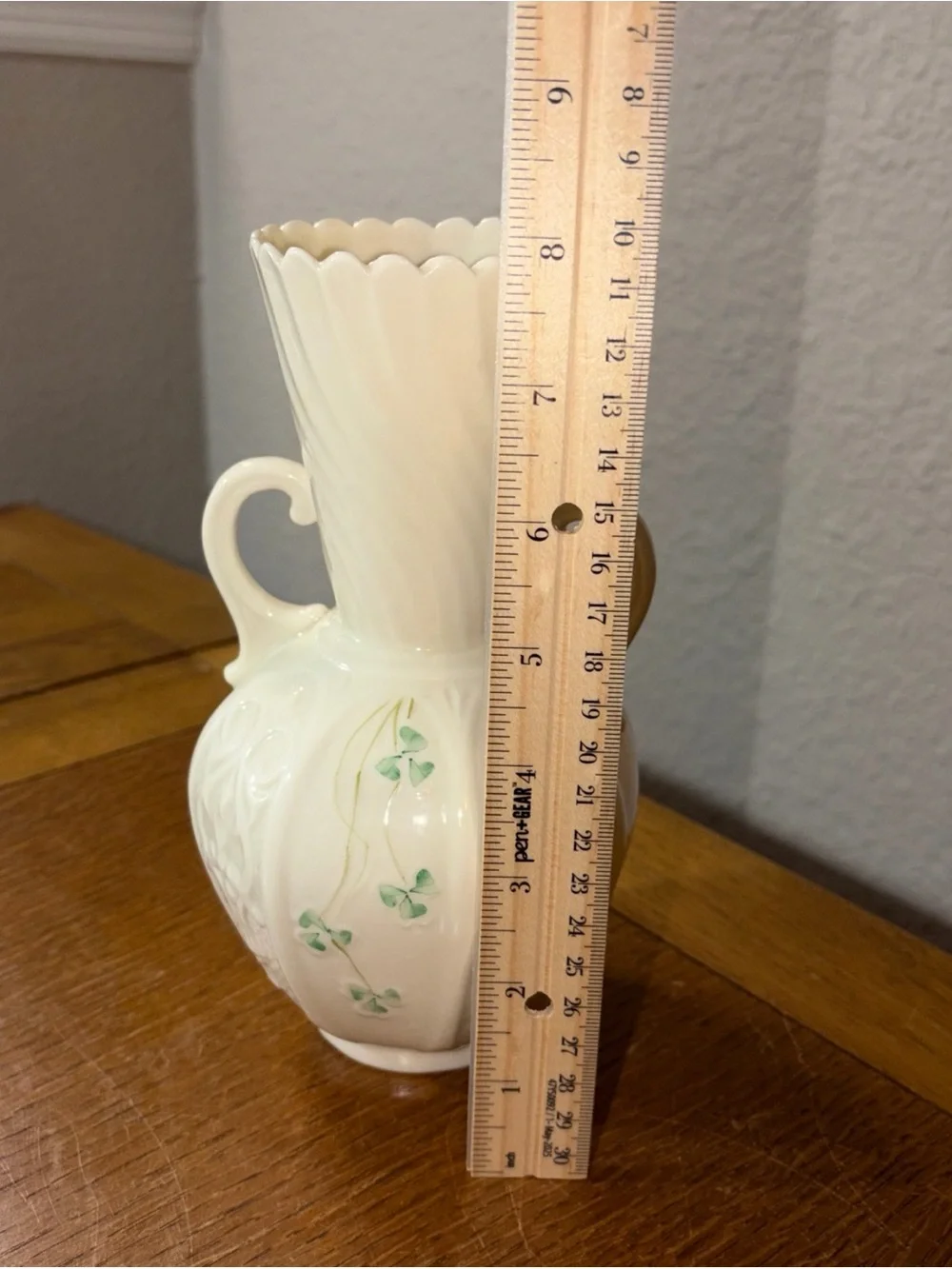 Vintage BELLEEK Shamrock Clover Scalloped Edge 2 Handles Vase 8”